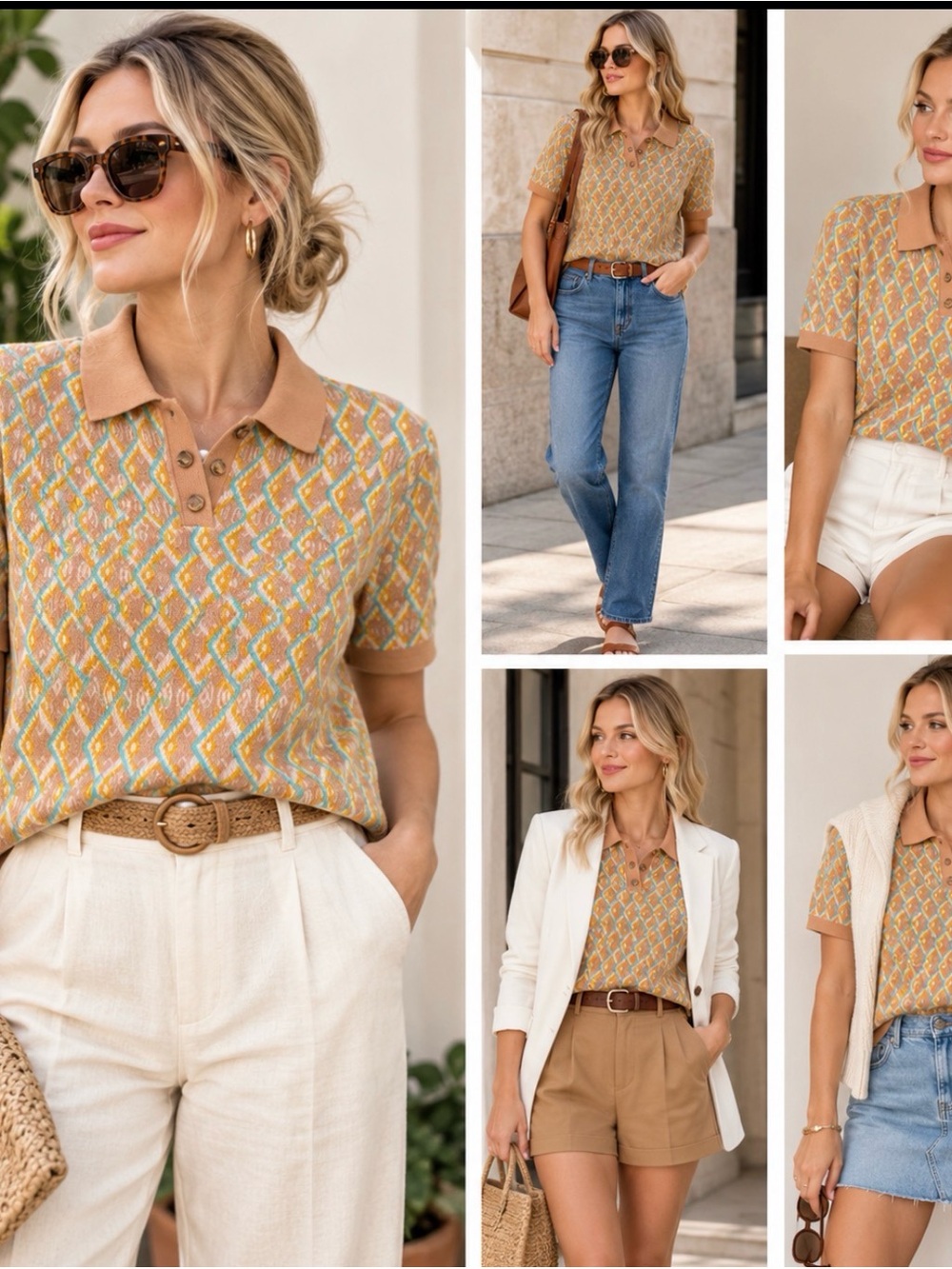 Vintage Retro 70’s Resort ASOS Multicolor Geometric Polo Knit Top Golf in Tan
